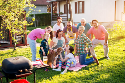 Extended family hanging out at a backyard cookout on a sunny day and playing with kids and a dog