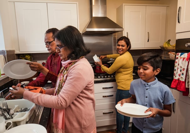 family doing dishes together