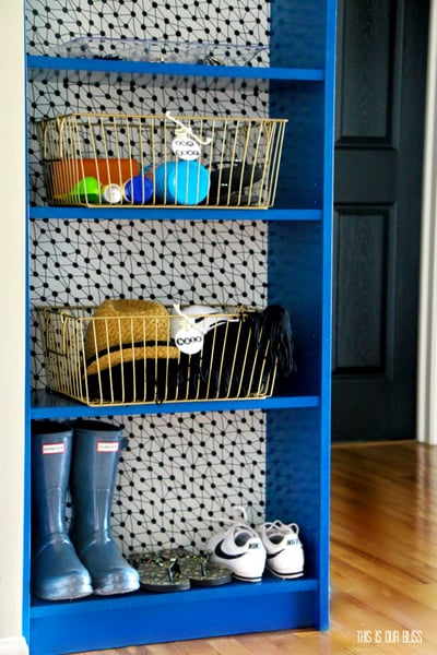 IKEA-Hack-Painted-Billy-Bookcase-with-removable-wallpaper-backing-in-mudroom-This-is-our-Bliss