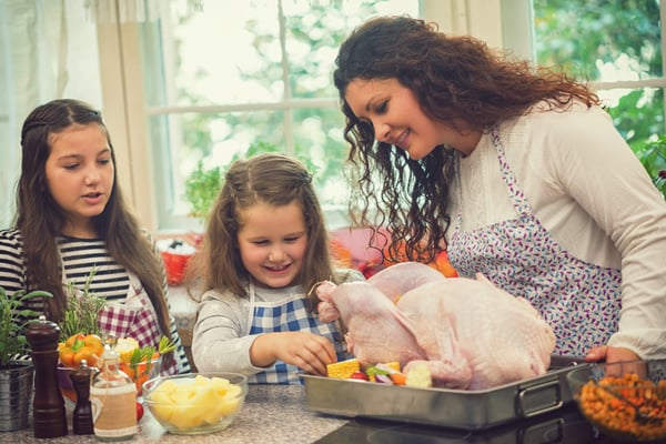 Mom and young daughters cooking Thanksgiving turkey