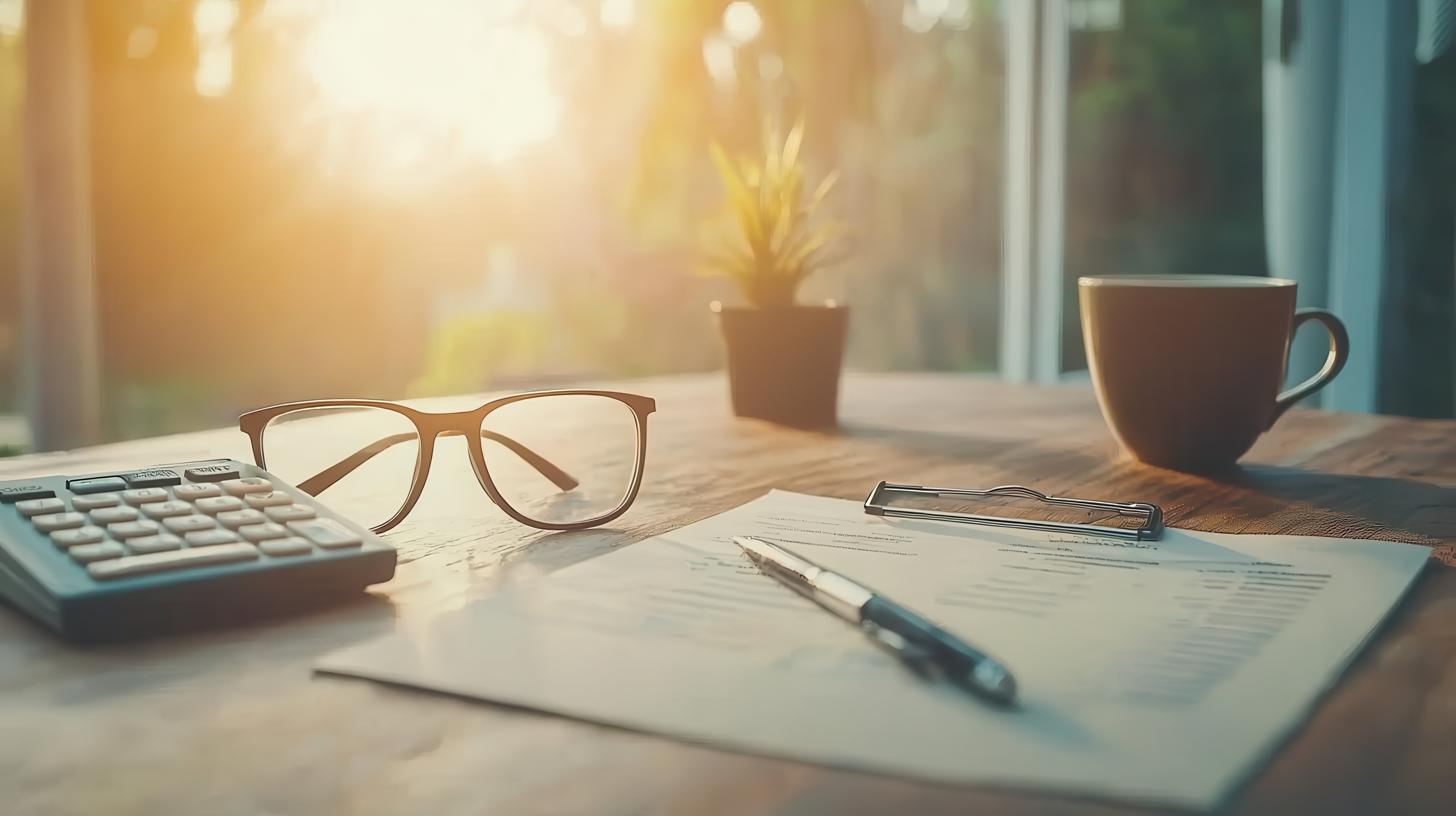A warm, sunlit desk scene with eyeglasses, a calculator, a pen resting on paperwork attached to a clipboard, a coffee mug, and a small potted plant near a window.