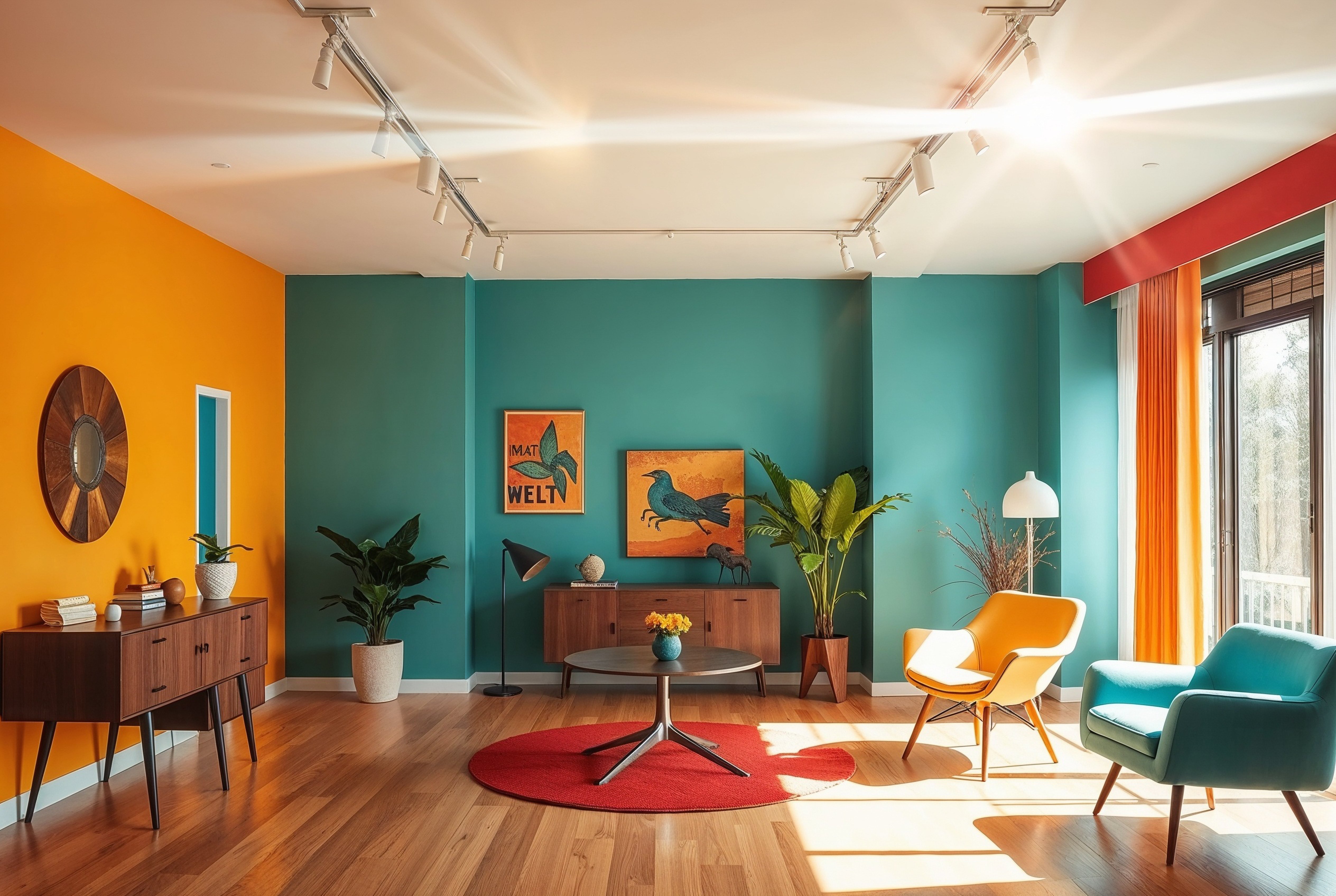 Living room with bold wall colors of yellow and teal. 