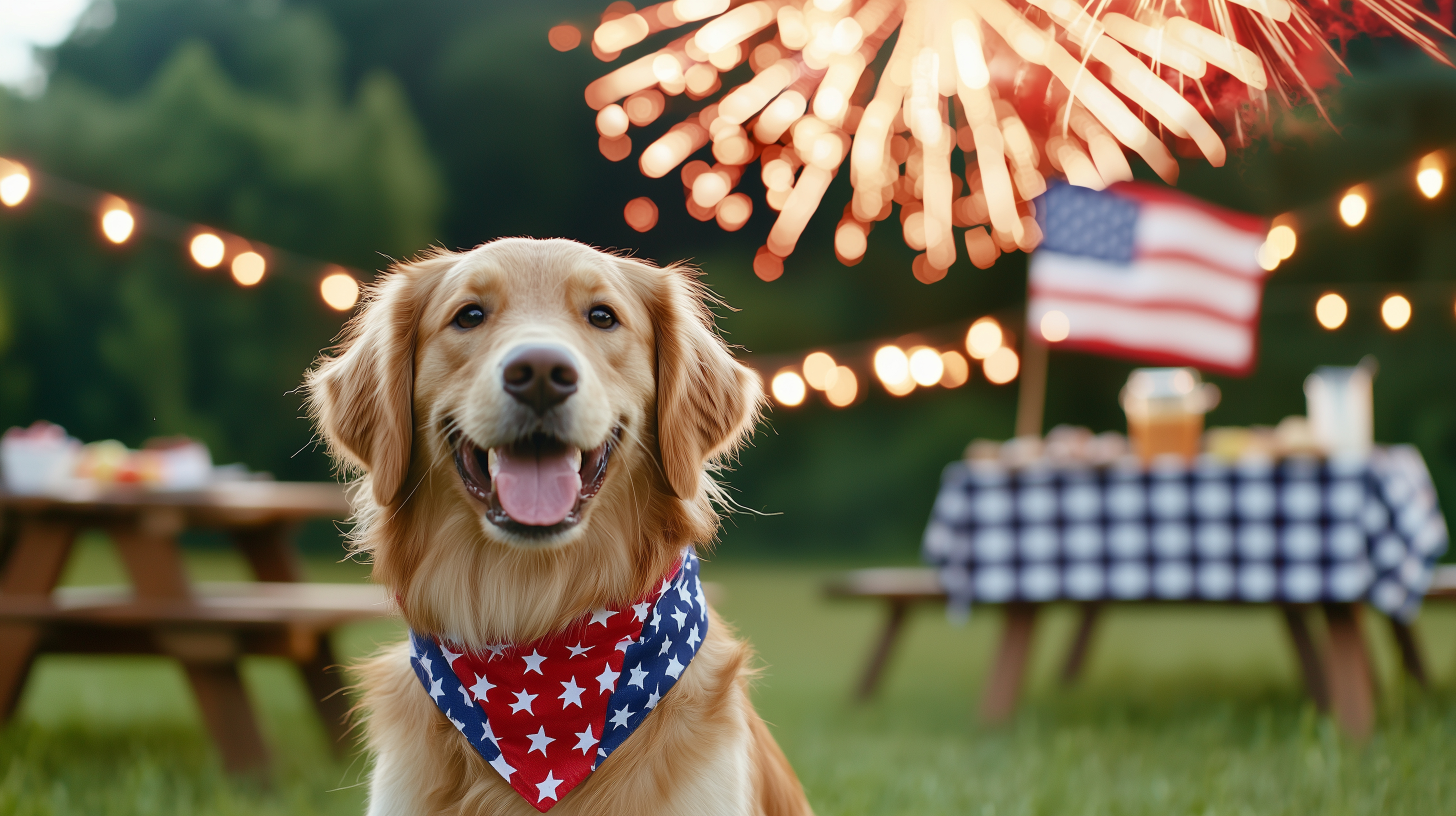 Dog looking directly at camera, wearing a patriotic bandana. In the background, there is a patriotic party set up and fireworks going off.