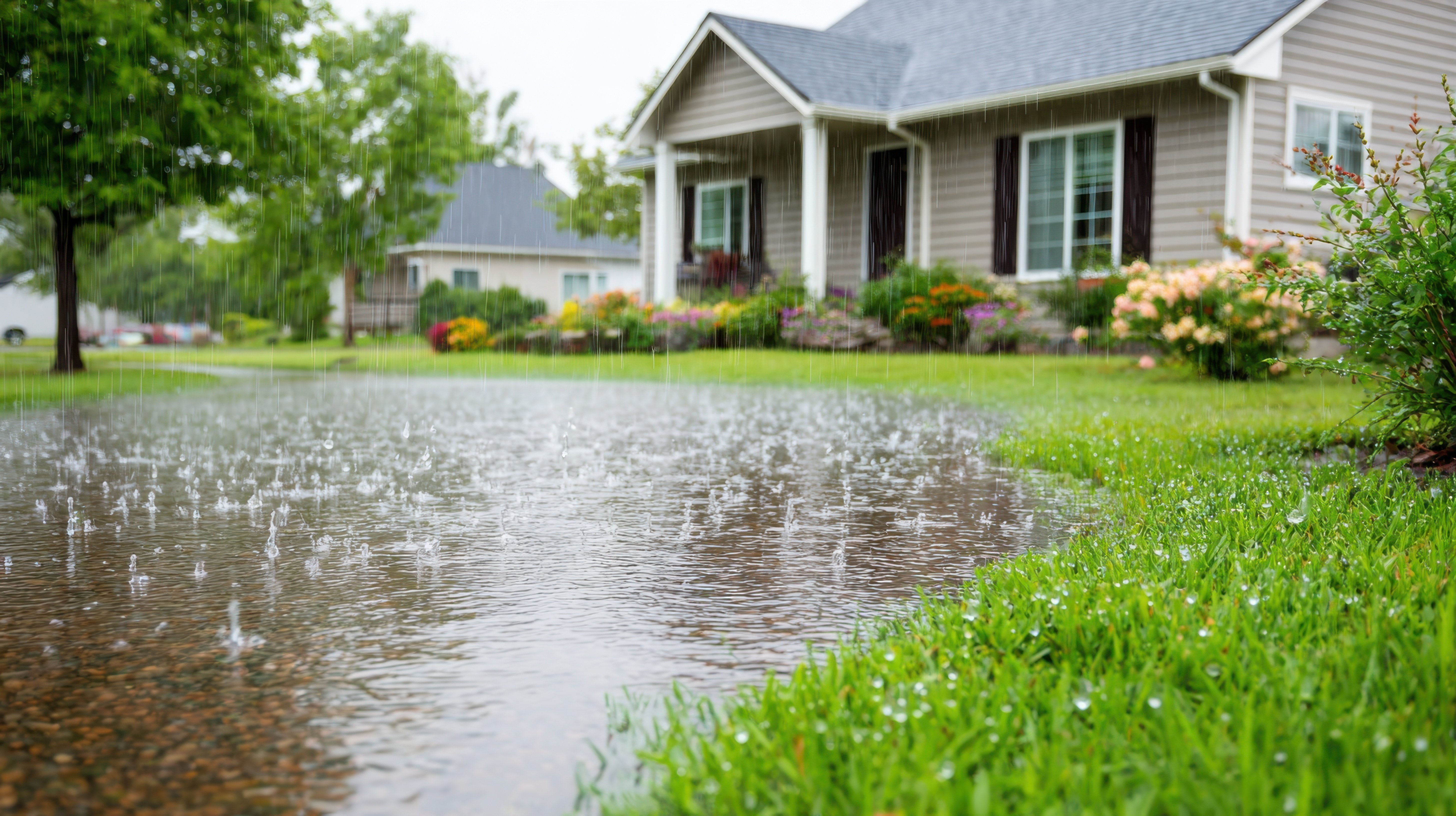 Heavy rain falling on a suburban street, water pooling on the pavement, houses and green lawns visible in the background.
