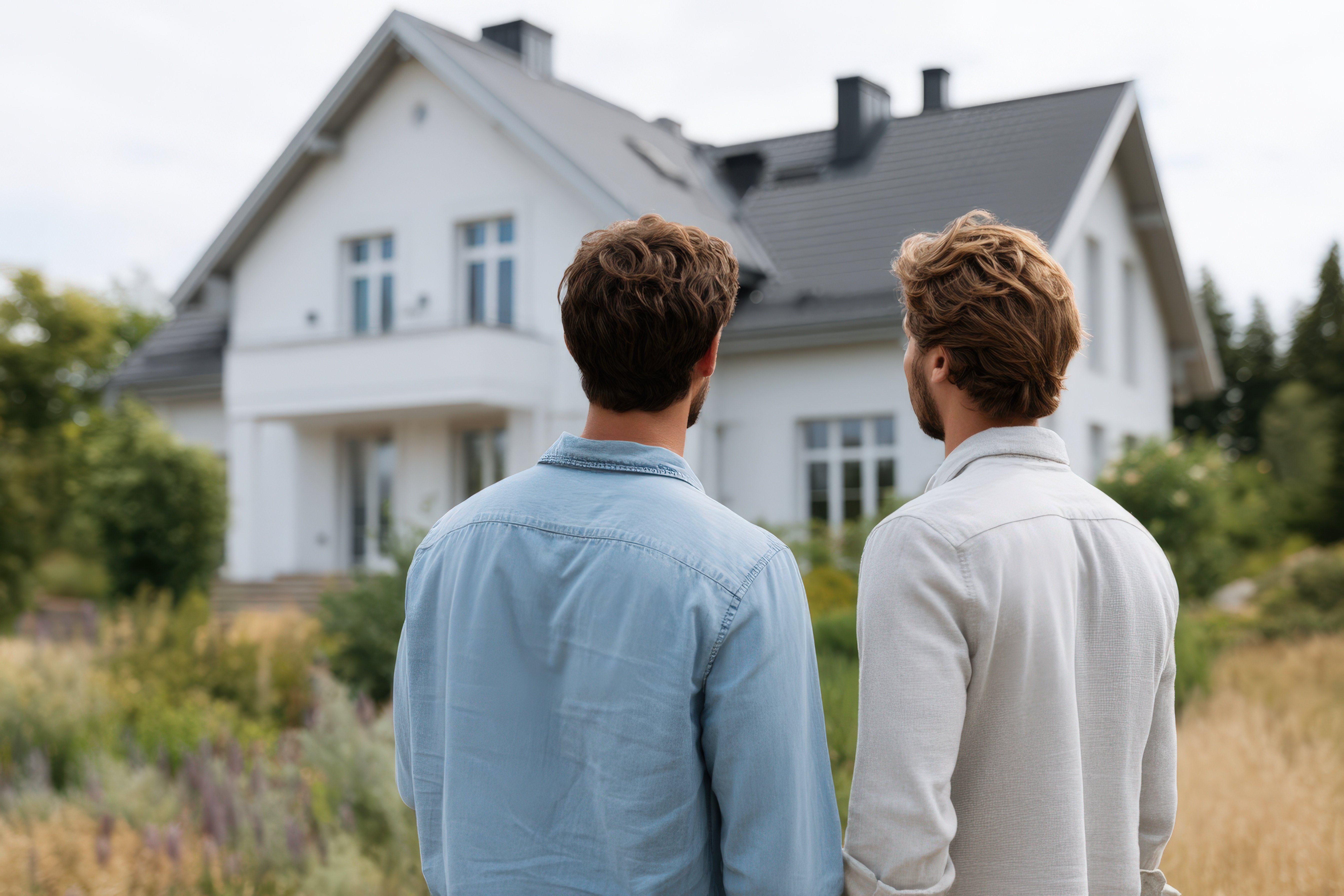 Two men stand outdoors, viewed from behind, looking at a modern white house with a dark gray roof surrounded by greenery.