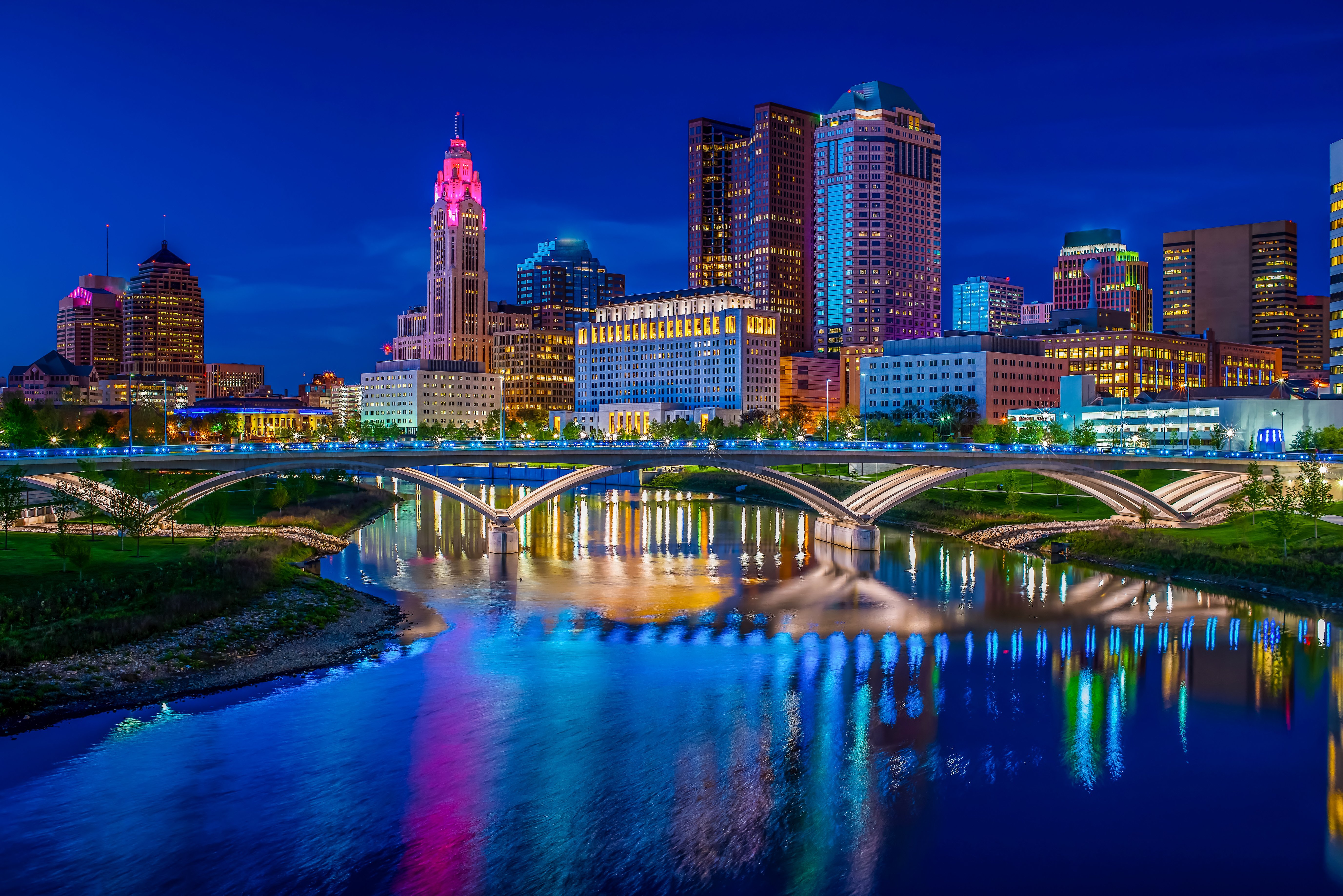 Columbus Ohio reflected in Scioto River at sunset.