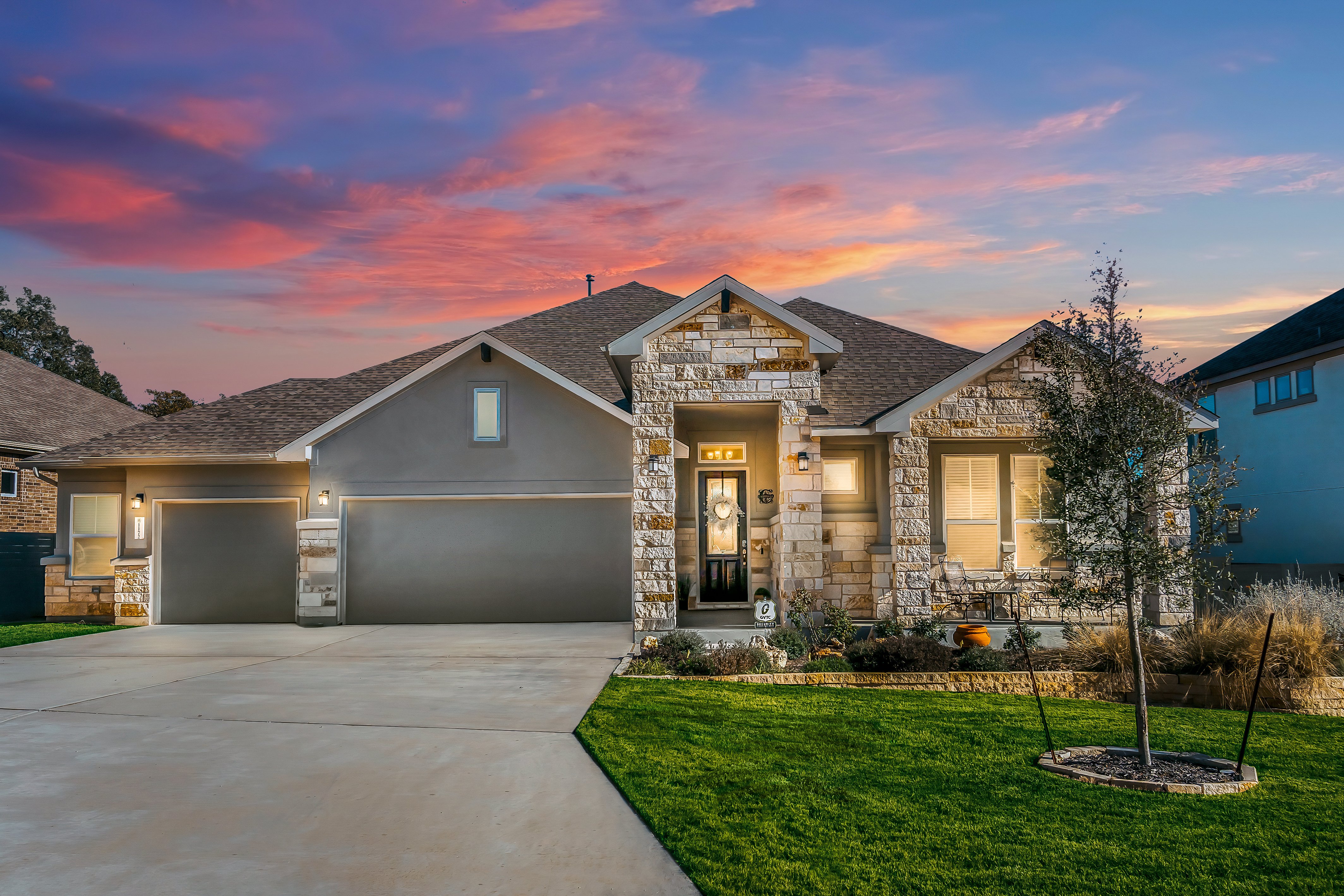 Home exterior at sunset