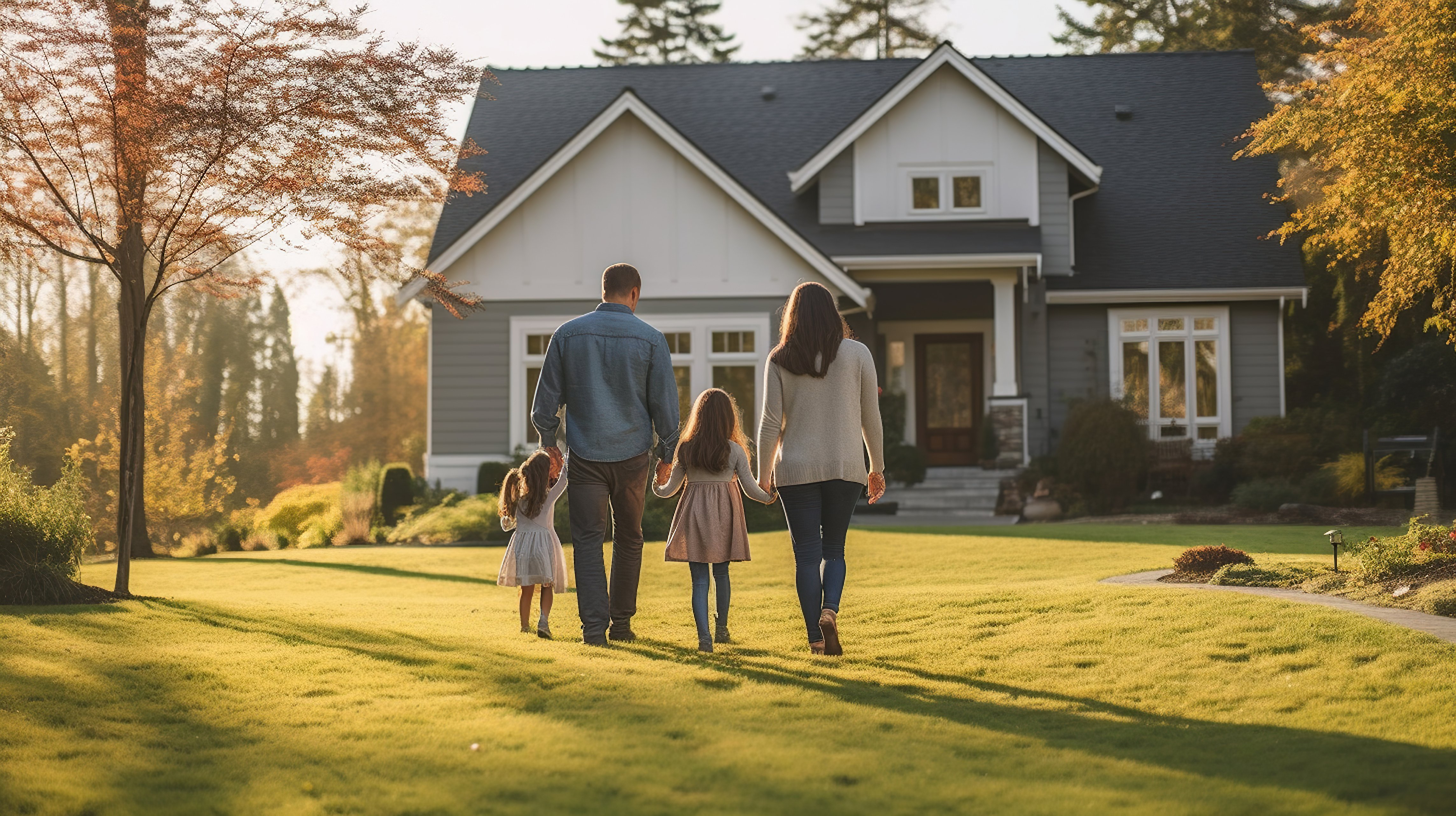 Family holds hands with backs facing viewer, walking toward their home.