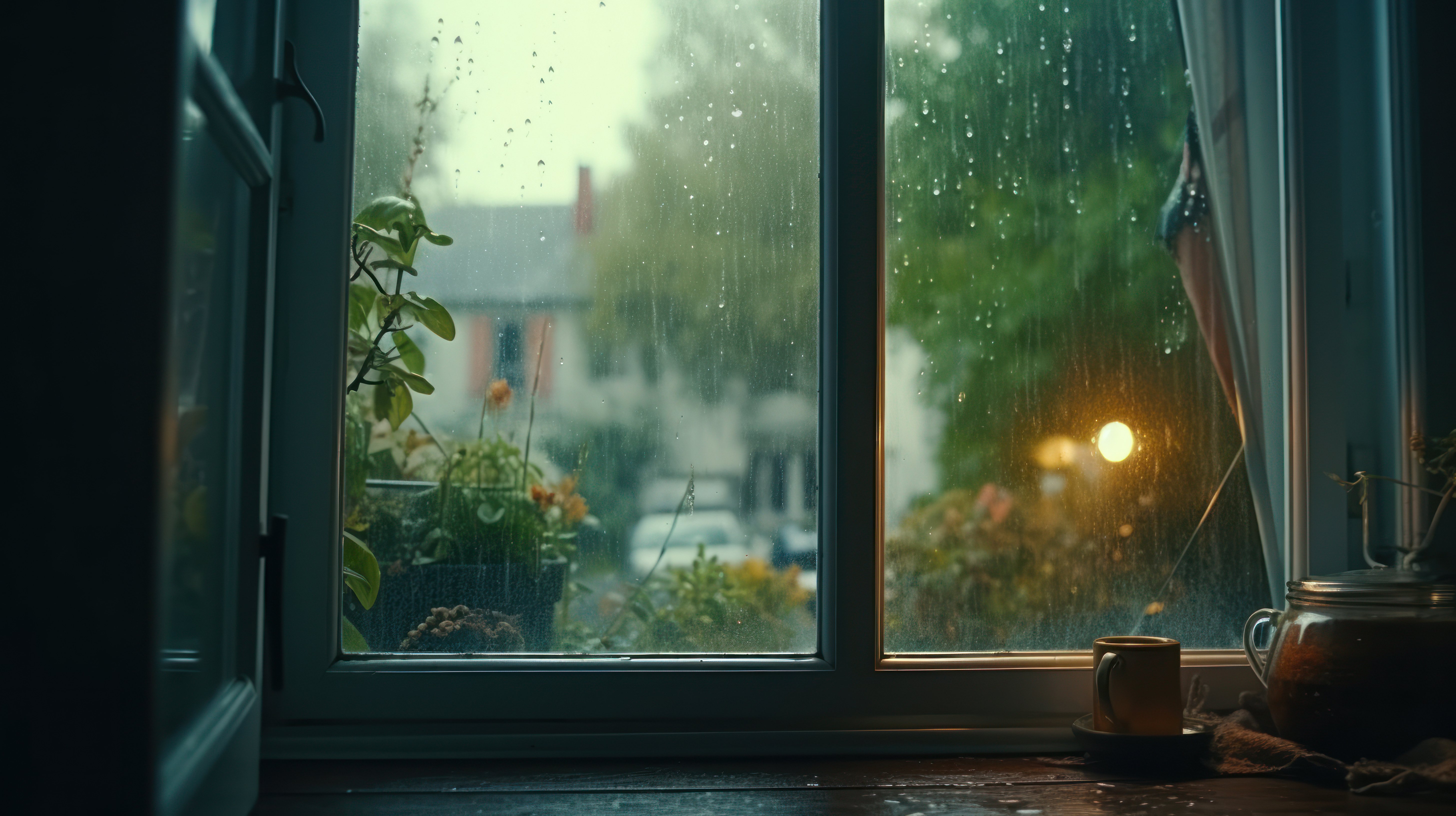 View looking out the window from inside a house. Outside it is raining in the neighborhood.