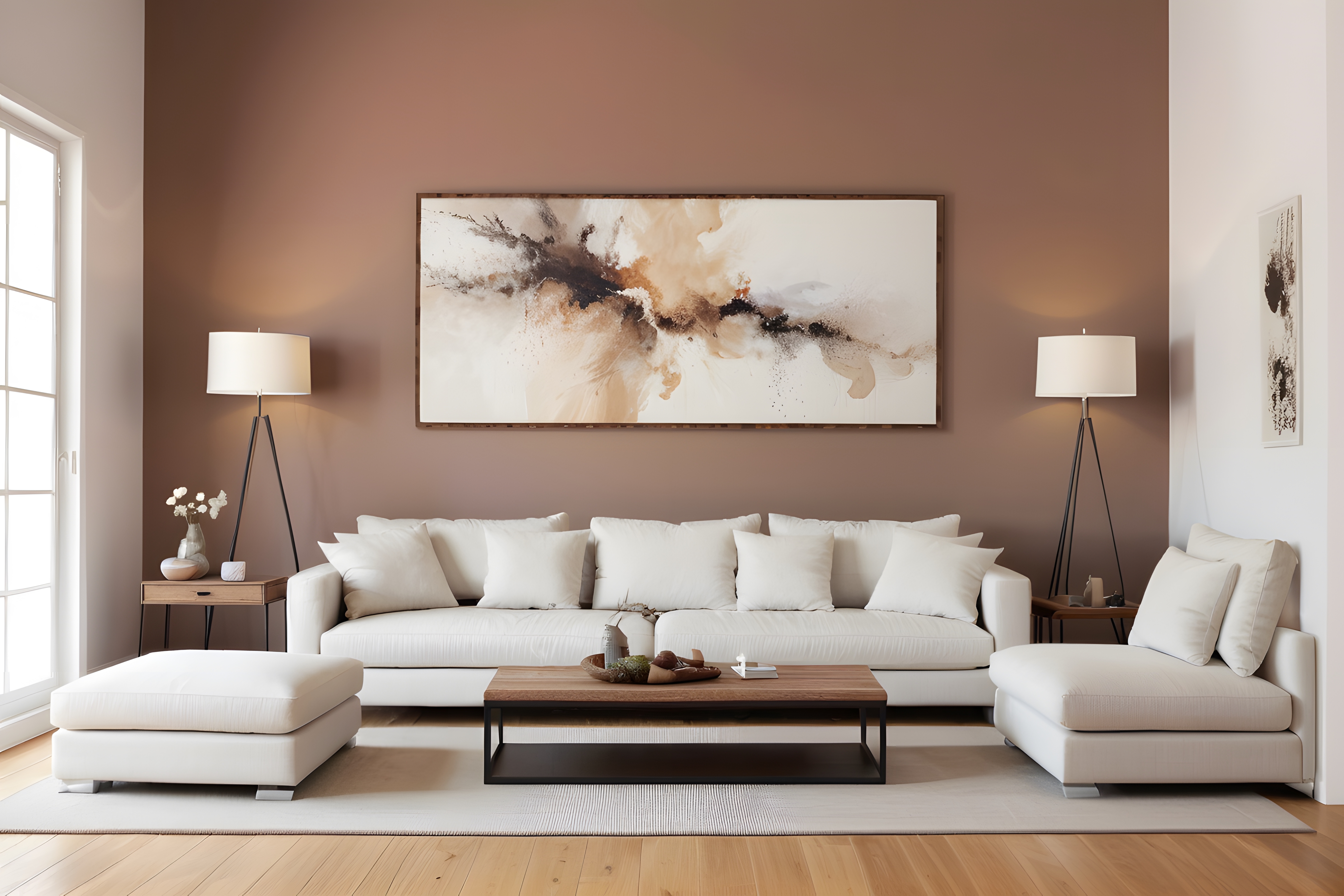 Modern living room with a neutral color palette, featuring a large white sectional sofa with multiple white pillows, a wooden coffee table with decorative items, and two matching floor lamps on either side. The back wall is painted in a warm taupe shade and adorned with a large abstract painting in beige, brown, and black tones. Light wood flooring and natural daylight from a large window complete the cozy, contemporary space.