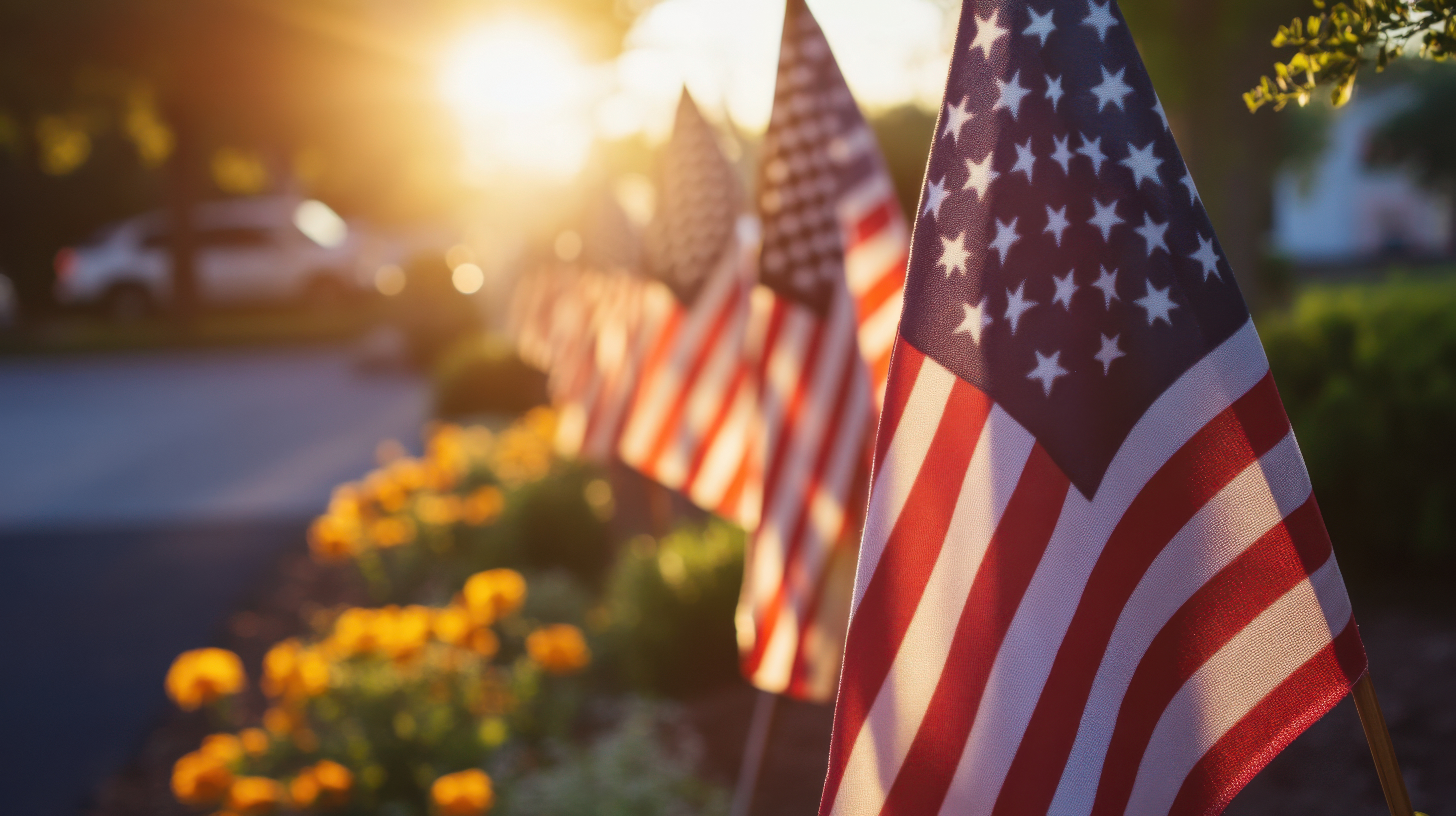 A line of five American flags staked into ground with bushes and a car in the background.