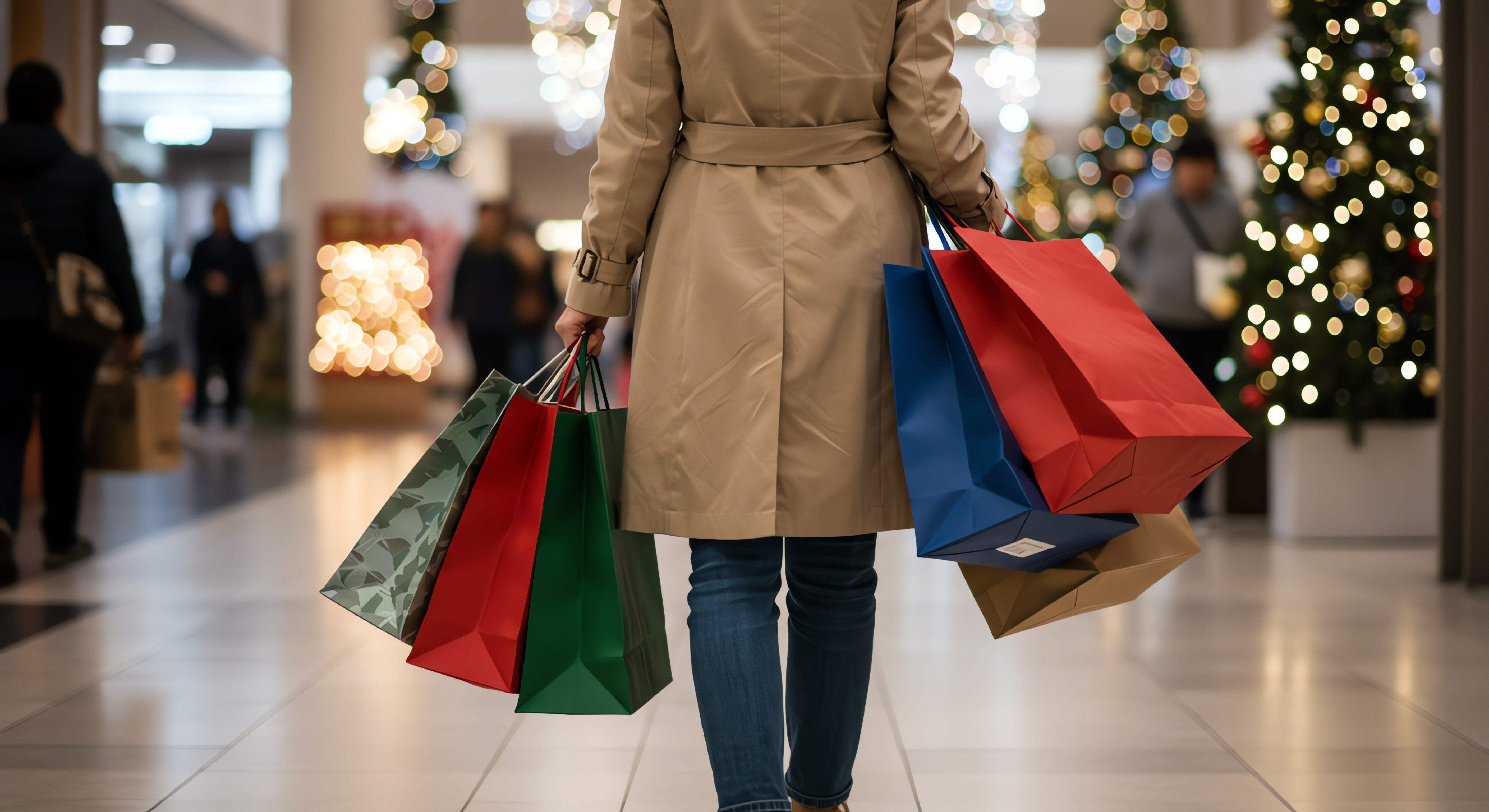 A woman wearing jeans and a tan trench coat walks with her back to the camera, holding three shopping bags per hand. In the background, a mall is decorated with twinkle lights for the holidays.
