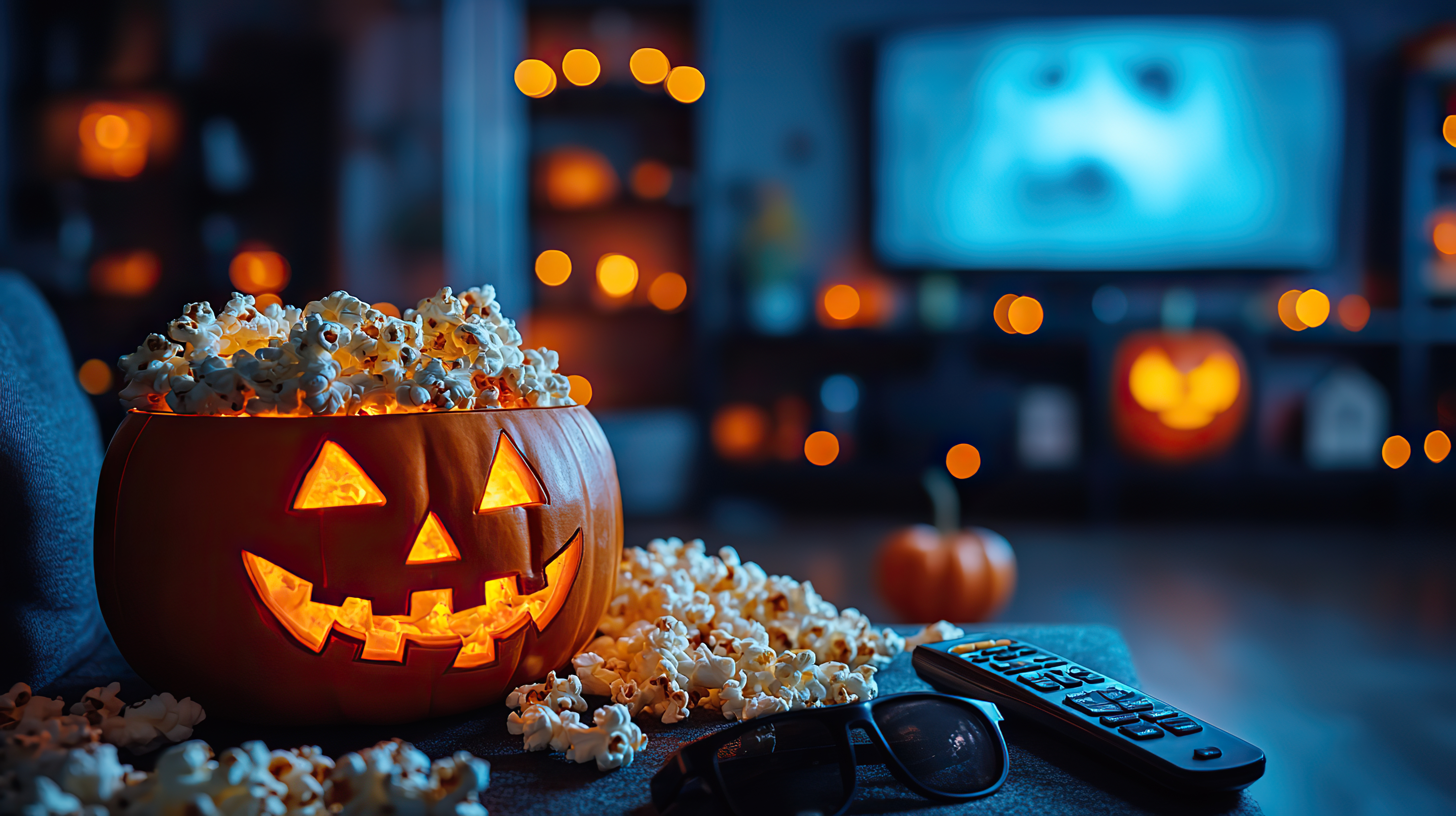 A cozy Halloween movie night setup with a glowing jack-o’-lantern pumpkin bowl filled with popcorn, surrounded by scattered popcorn, a TV remote, and 3D glasses on a couch. In the background, orange fairy lights and another carved pumpkin create a festive, spooky atmosphere while a scary face is displayed on the TV screen.