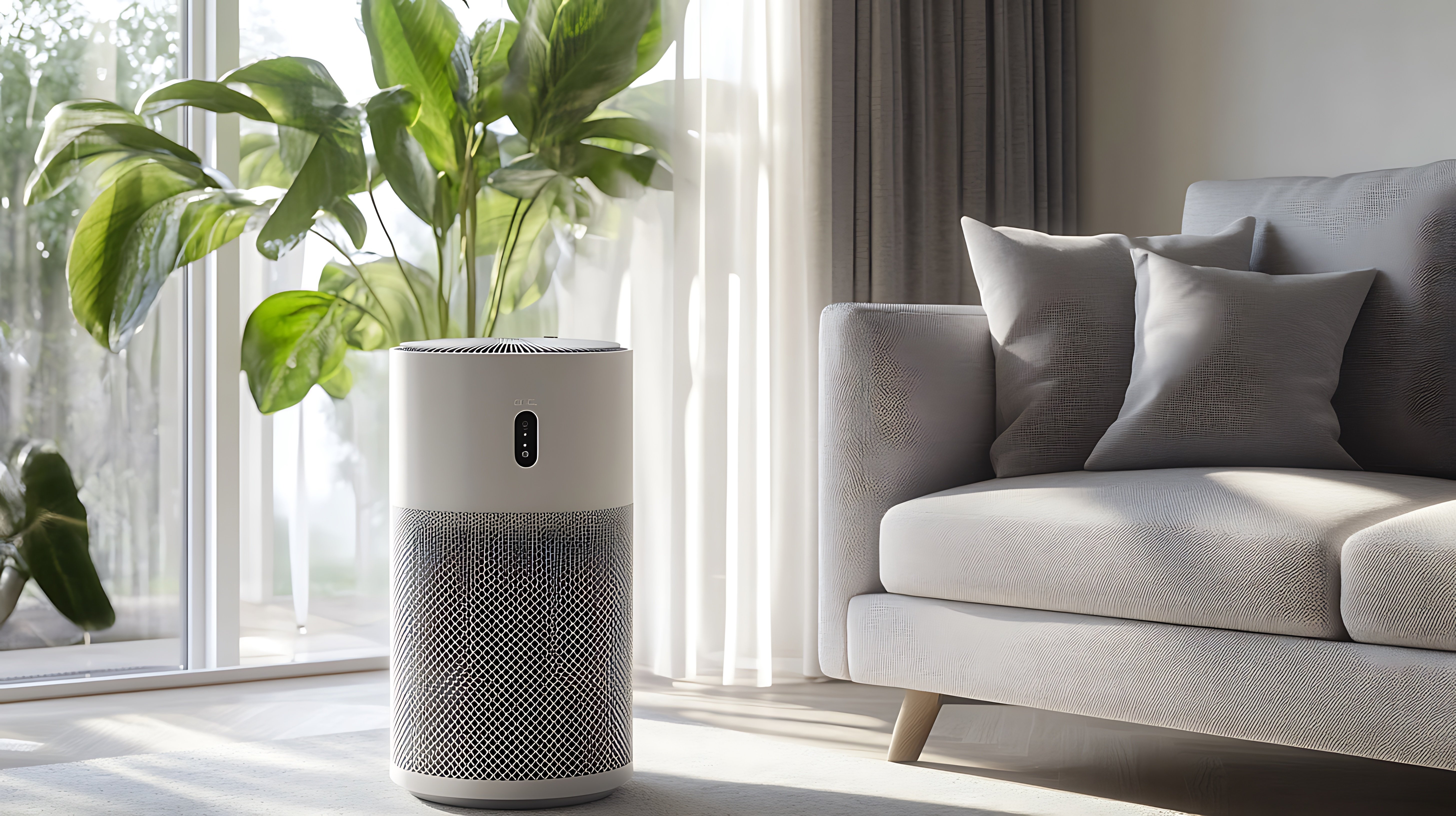 Bright, modern living room with modern air purifier as the focus. Also in the room is a grey couch and a houseplant.