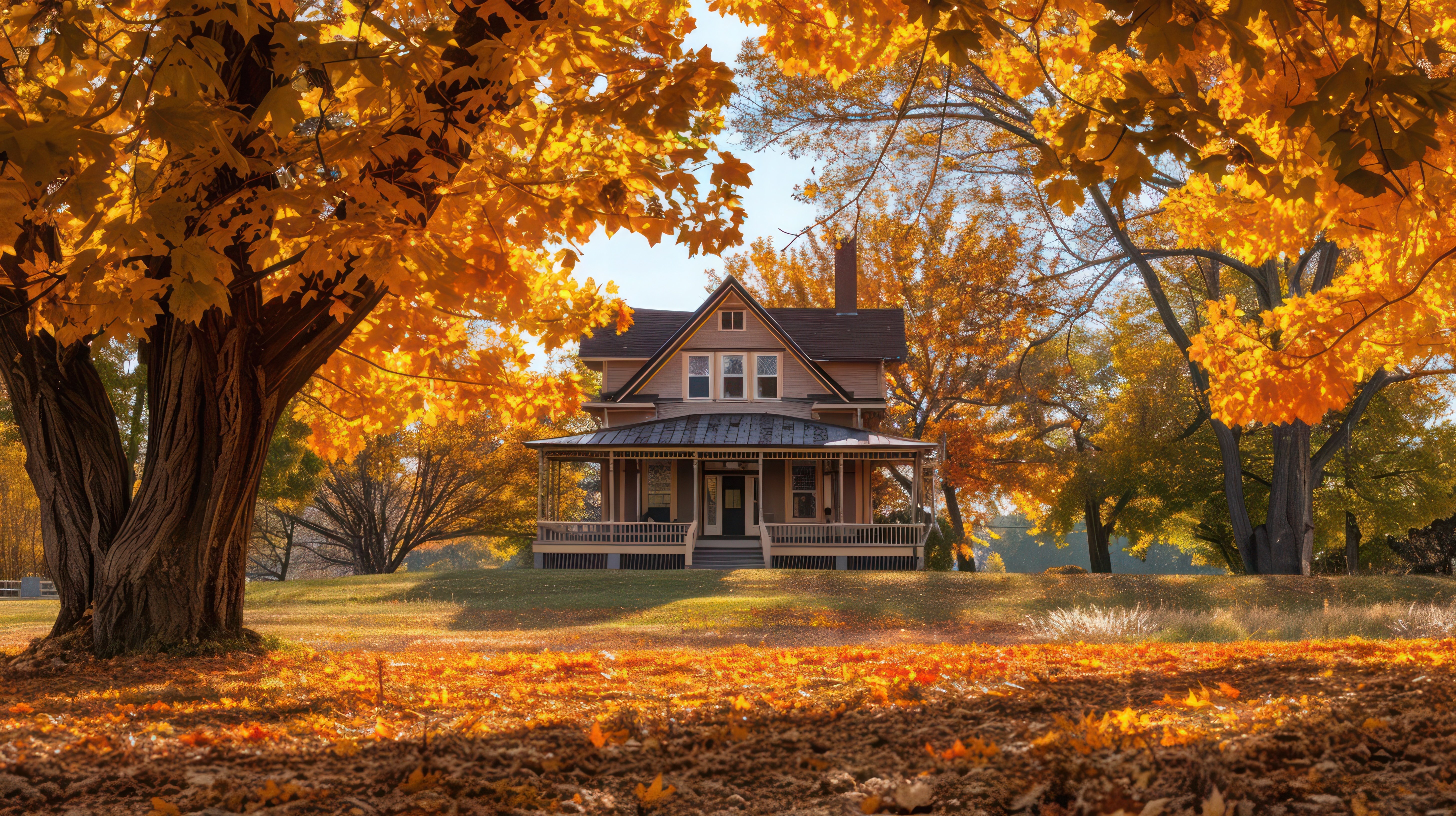 A cozy two-story house with a wide front porch sits among large trees with vibrant orange and yellow autumn leaves. Fallen leaves blanket the ground, and sunlight filters warmly through the branches, creating a peaceful fall scene.