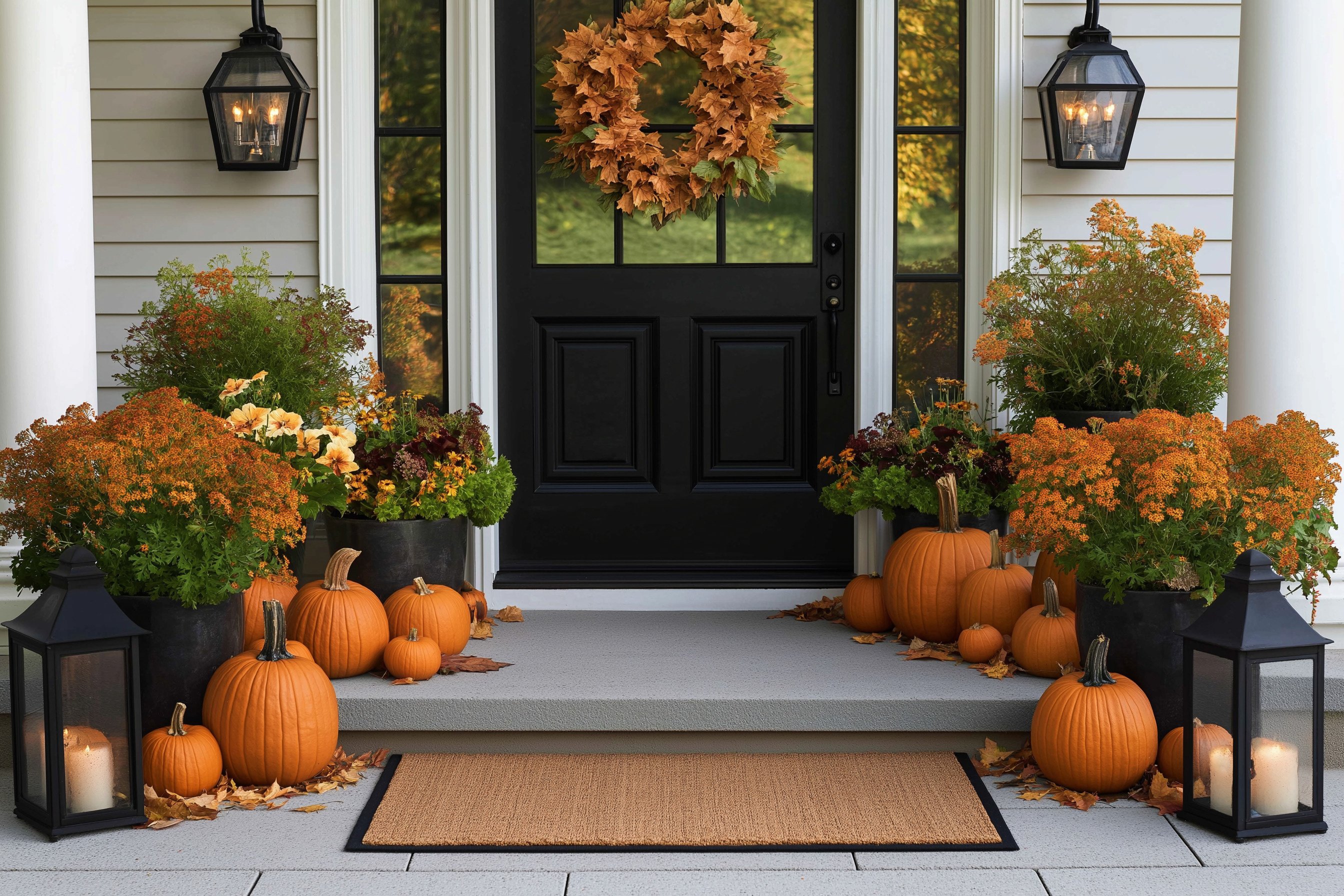 Front porch decorated for fall with pumpkins, orange and yellow flowers in black pots, a wreath of autumn leaves on a black door, and black lanterns with candles on either side of the steps.