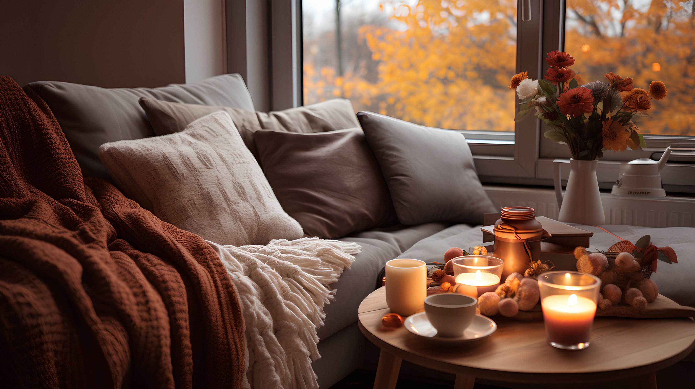 A cozy living room corner with a grey sofa layered in soft beige and rust-colored blankets and pillows, next to a window showing bright autumn foliage. On a round wooden table, lit candles, a teacup, and fall-themed decorations create a warm, inviting atmosphere. A white pitcher with orange and red flowers adds to the autumnal feel.