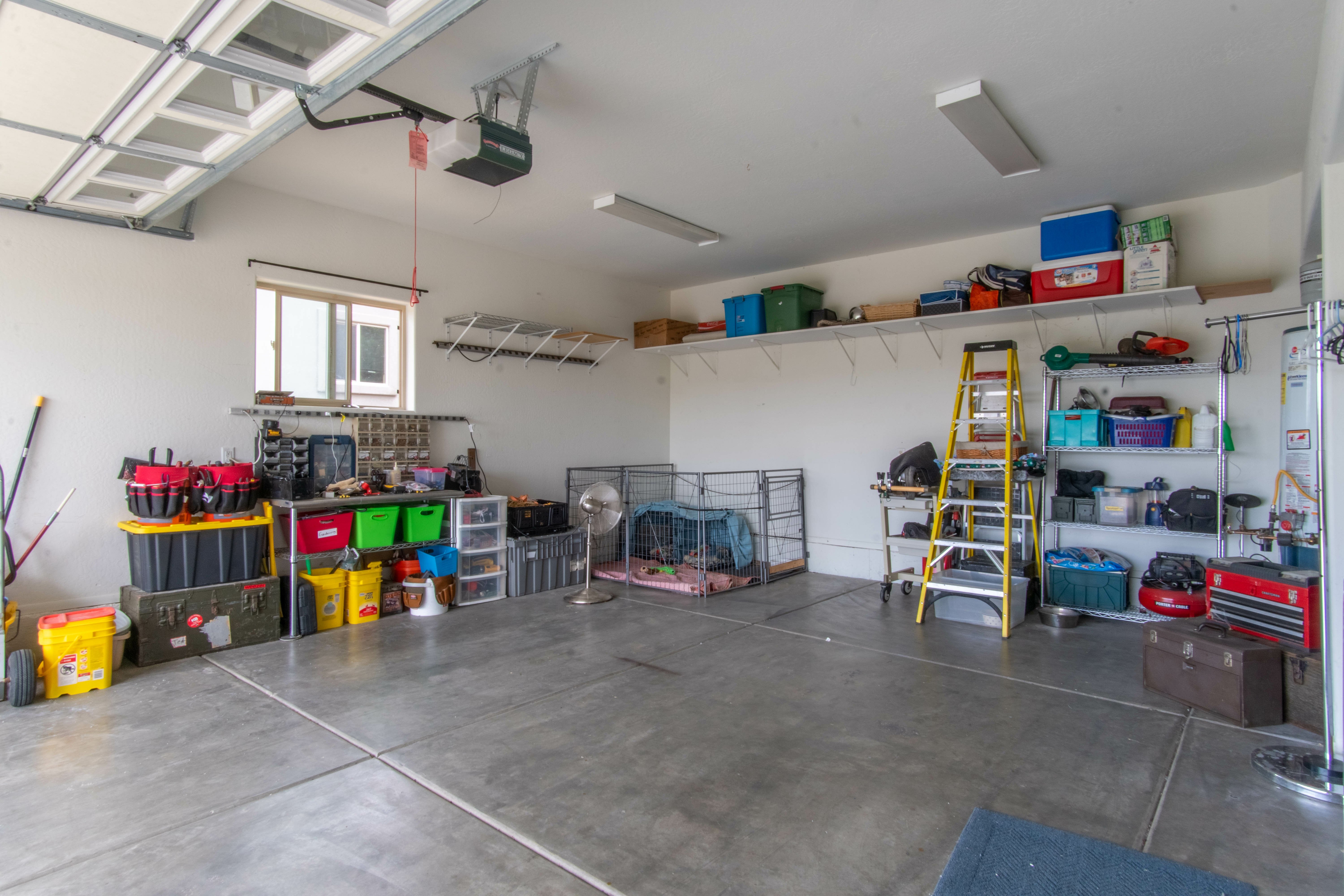 Garage interior with items organized.